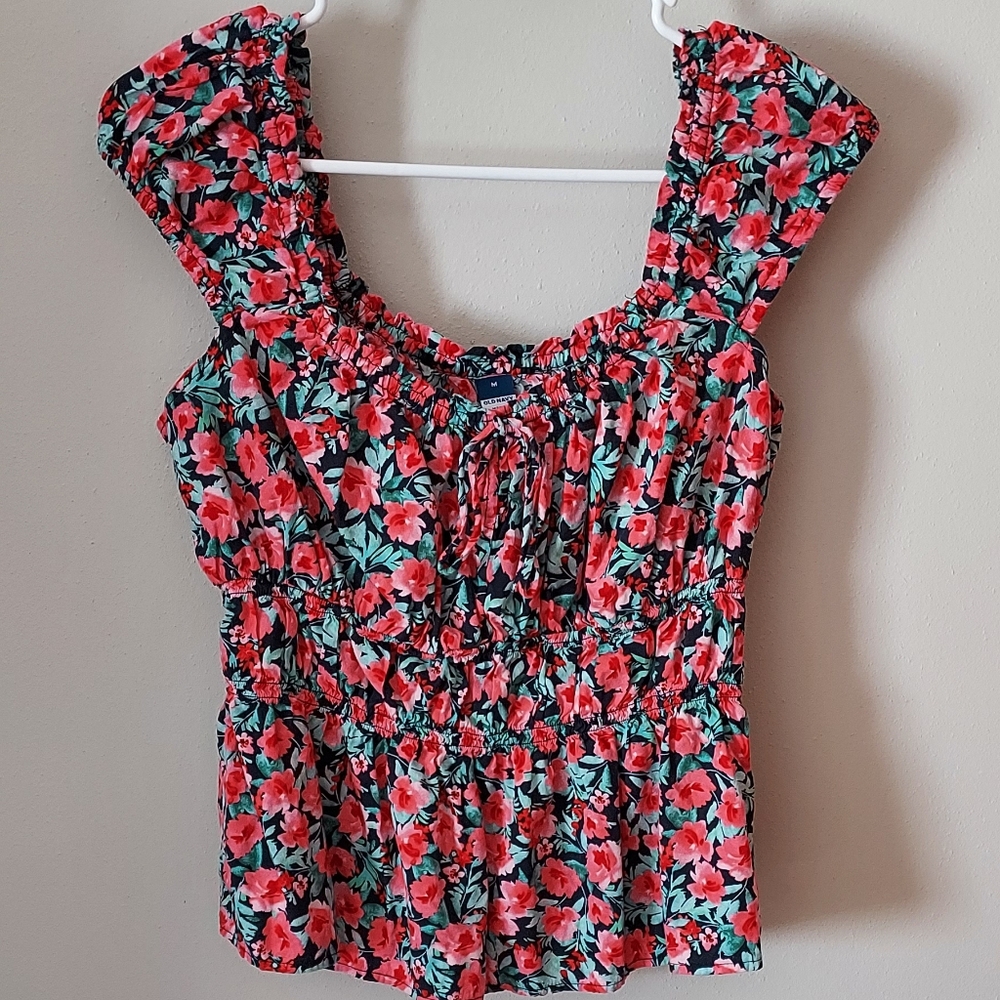 Old Navy Summer Floral Cropped Top Smocked Waist Tie Keyhole Neck Size Medium